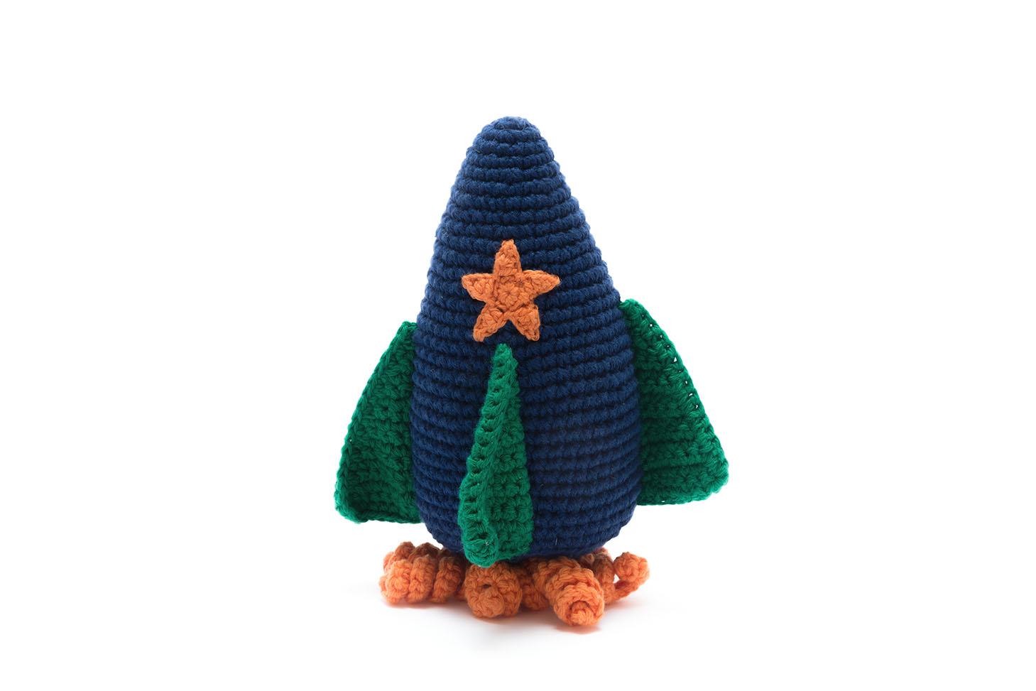handmade cotton crochet blue and green rocket baby toy with rattle